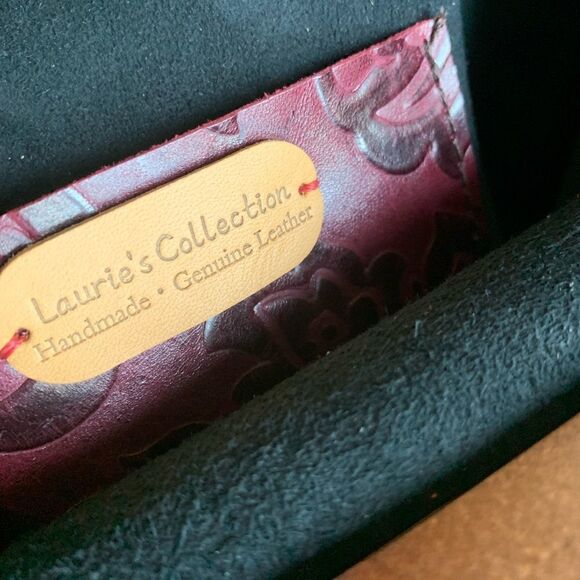 Burgundy Floral Embossed Cowhide Handmade Wooden Frame Top Handle Bag/Crossbody - Picture 15 of 16